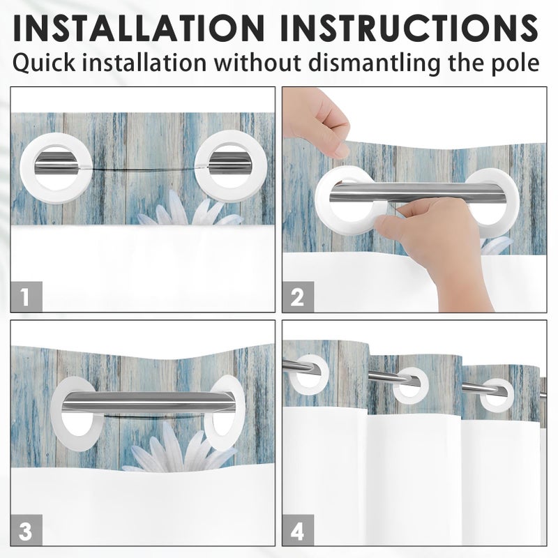 Nesphy No Hook Blue Daisy Shower Curtain with Snap in Fabric Liner Set  Wooden Boards Double Layers Waterproof Fabric with See Through Top Window Open Grommet Bath Curtain 54x80 Inch - Image 2