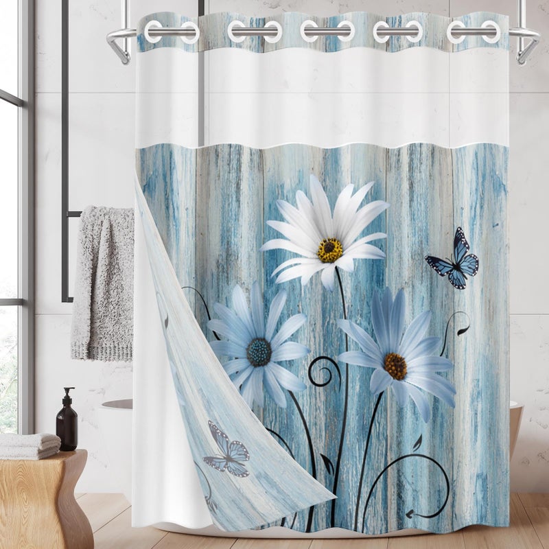 Nesphy No Hook Blue Daisy Shower Curtain with Snap in Fabric Liner Set  Wooden Boards Double Layers Waterproof Fabric with See Through Top Window Open Grommet Bath Curtain 54x80 Inch - Image 1