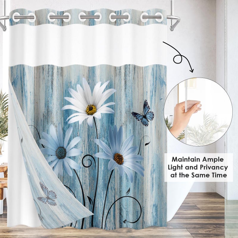 Nesphy No Hook Blue Daisy Shower Curtain with Snap in Fabric Liner Set  Wooden Boards Double Layers Waterproof Fabric with See Through Top Window Open Grommet Bath Curtain 54x80 Inch - Image 3