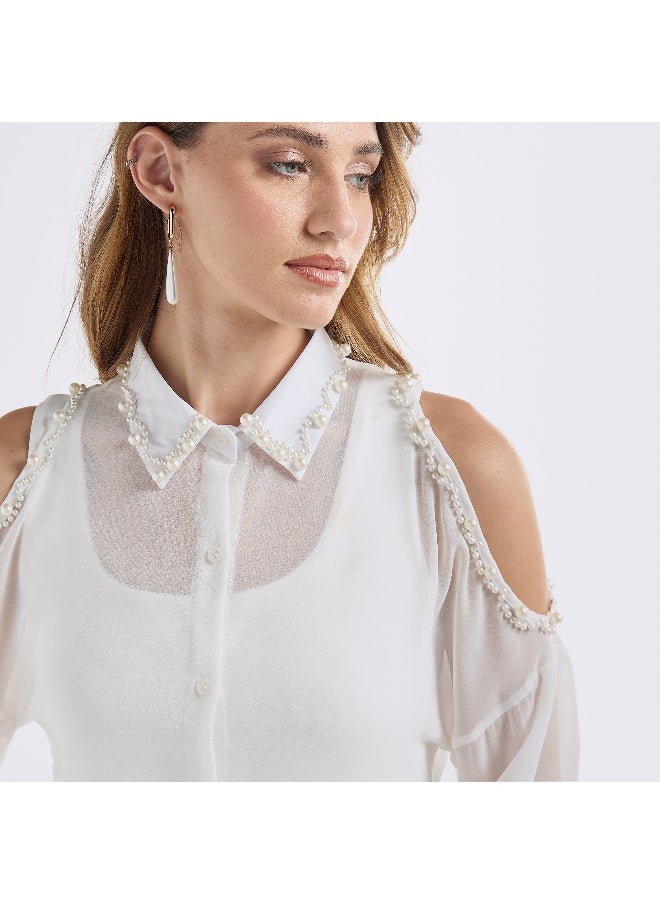 FAV Slim Fit Pearl Embellished Shirt with Cold Shoulder  - Image 3