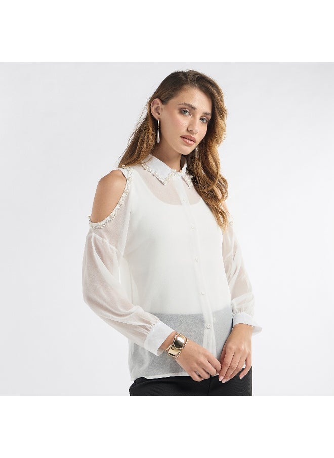 FAV Slim Fit Pearl Embellished Shirt with Cold Shoulder  - Image 4