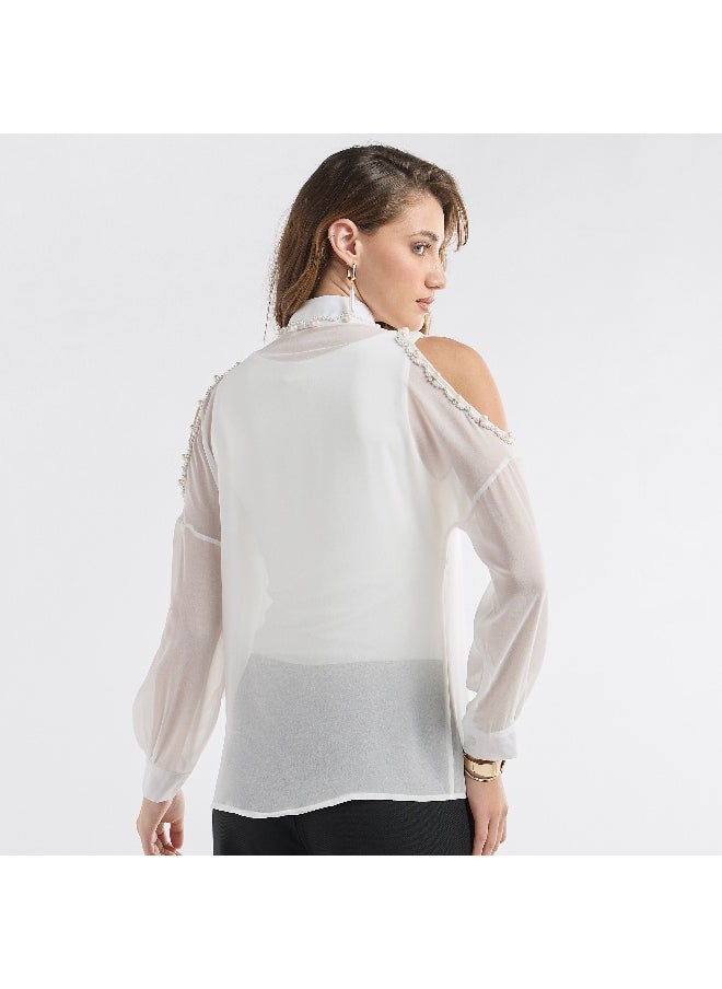 FAV Slim Fit Pearl Embellished Shirt with Cold Shoulder  - Image 2