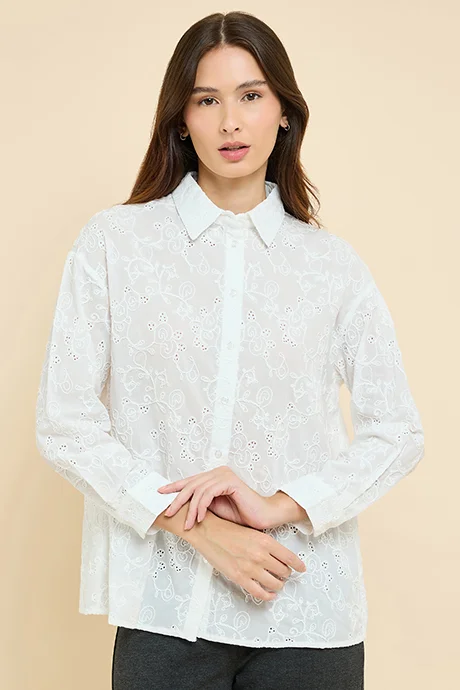 R&b Schiffli Shirt with Classic Collar and Long Sleeves