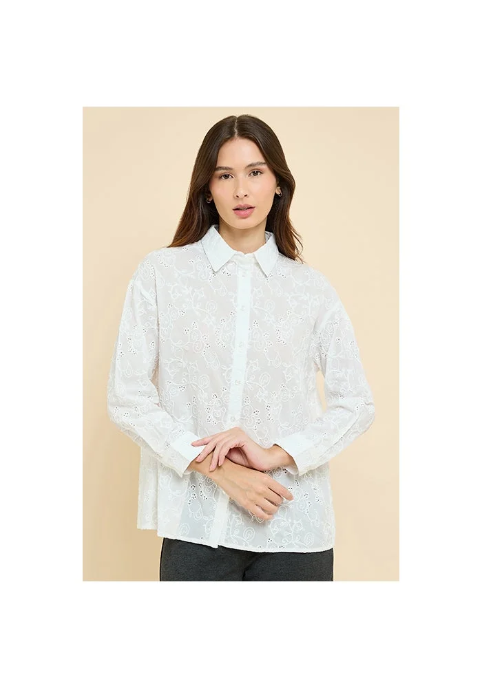 أر أند بي Schiffli Shirt with Classic Collar and Long Sleeves