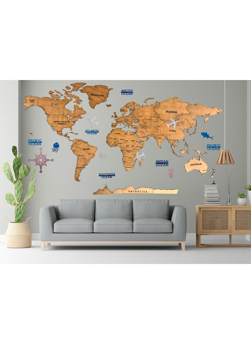 ELK Elk 3D Wooden World Map Wall Decor Metallic Teak Brown Color Perfect Wall Decor for Travel Enthusiasts  - Image 1