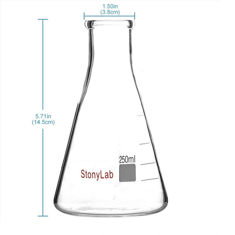 stonylab 2-Pack Glass 250ml Heavy Wall Narrow Mouth Erlenmeyer Flasks with Heavy Duty Rim (250ml Fits with 6# Rubber Stopper) - Image 2