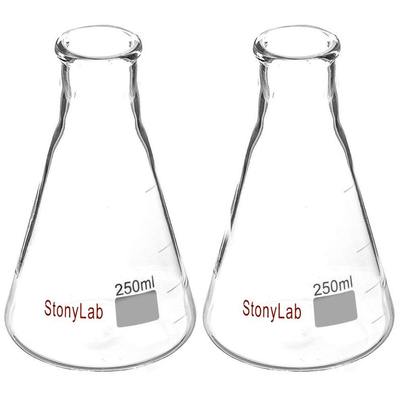 stonylab 2-Pack Glass 250ml Heavy Wall Narrow Mouth Erlenmeyer Flasks with Heavy Duty Rim (250ml Fits with 6# Rubber Stopper) - Image 1