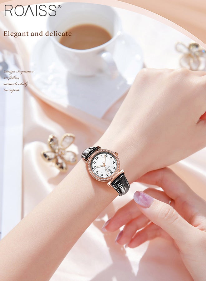 roaiss Women's Leather Strap Quartz Watch, Analog Display Round Dial with Zirconium Diamonds Decorated Bezel, Luminous Waterproof Wristwatch as Gift for Ladies - Image 2