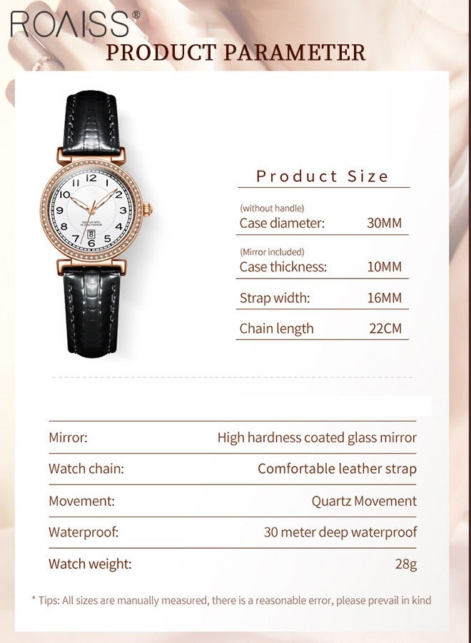 roaiss Women's Leather Strap Quartz Watch, Analog Display Round Dial with Zirconium Diamonds Decorated Bezel, Luminous Waterproof Wristwatch as Gift for Ladies - Image 4