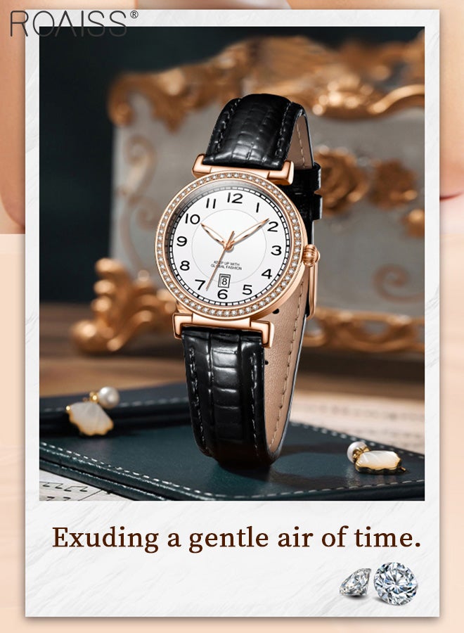 roaiss Women's Leather Strap Quartz Watch, Analog Display Round Dial with Zirconium Diamonds Decorated Bezel, Luminous Waterproof Wristwatch as Gift for Ladies - Image 3