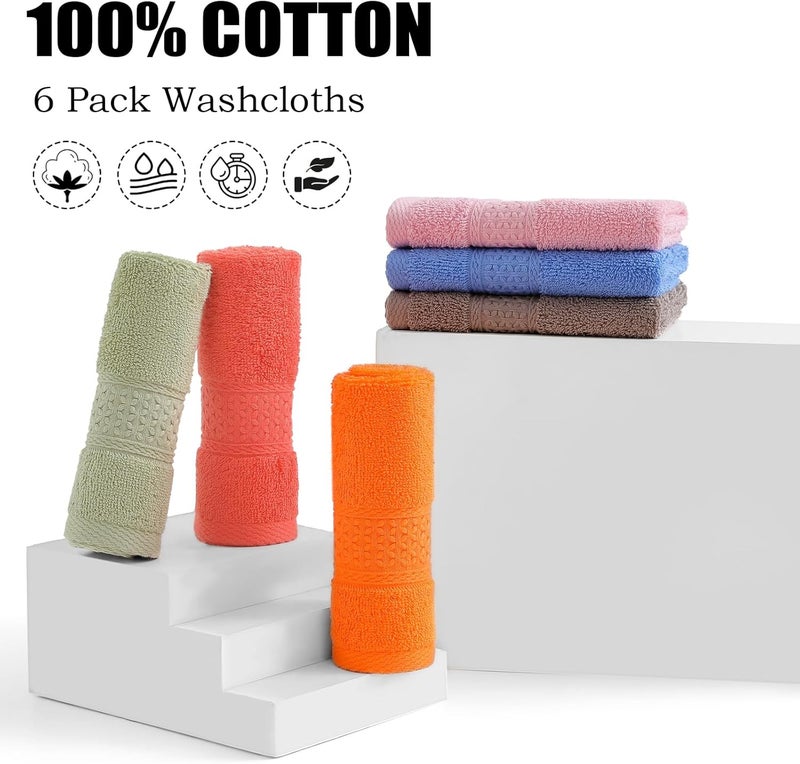 QAJ 6 Pack 100% Cotton Washcloths Set, Highly Absorbent and Soft Feel Fingertip Towels, 13 x 13 in Quick Dry Face Cloths - Image 2