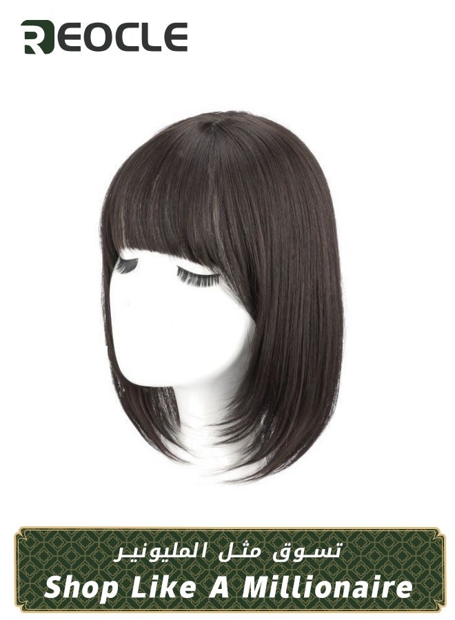 ريوكل باروكة شعر طبيعي قصيرة مستقيمة بطول 10 بوصات، باروكة شعر على الكتف، باروكة شعر بجزء علوي من الدانتيل، باروكة شعر مزيفة بفروة رأس إضافة حجم للشعر بني وأسود - Image 1