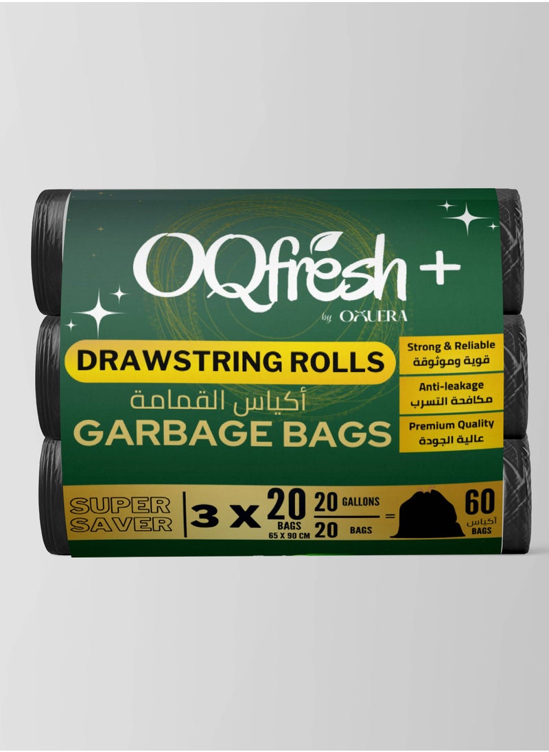 OqFresh+ 3 Packs of 60-Piece Drawstring Garbage Bags - 20 Gallon Black Trash Bags, High-Quality Waste Bags with Special Drawstring for Secure Closure  - Image 1