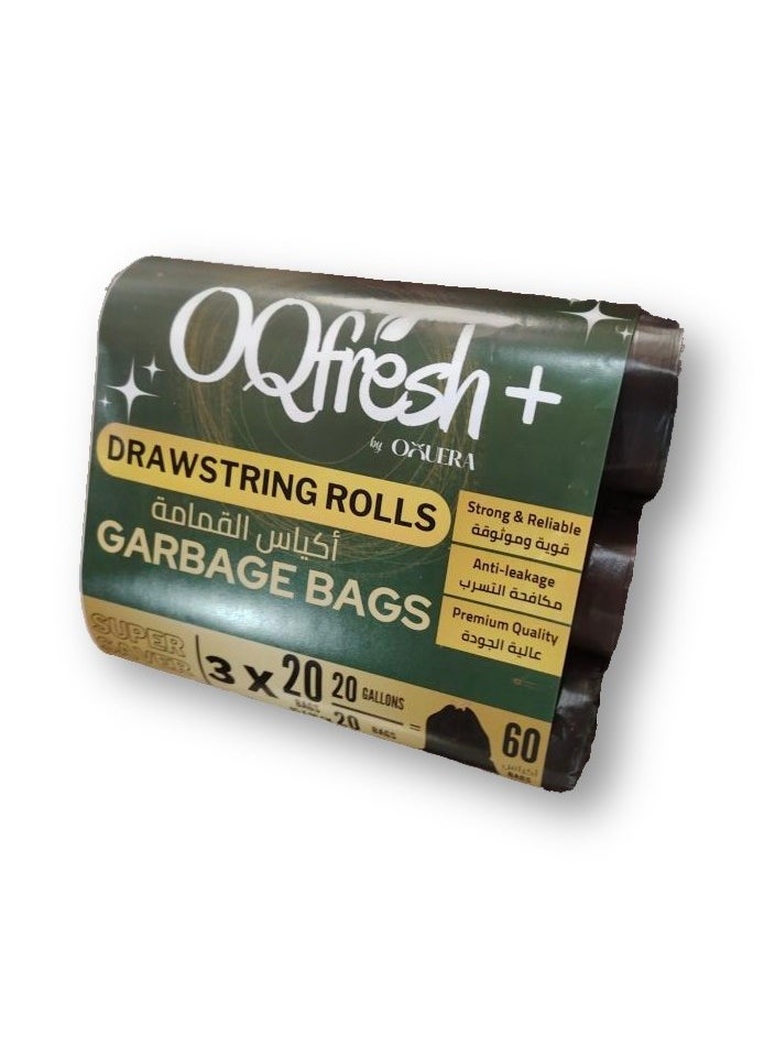 OqFresh+ 3 Packs of 60-Piece Drawstring Garbage Bags - 20 Gallon Black Trash Bags, High-Quality Waste Bags with Special Drawstring for Secure Closure  - Image 3