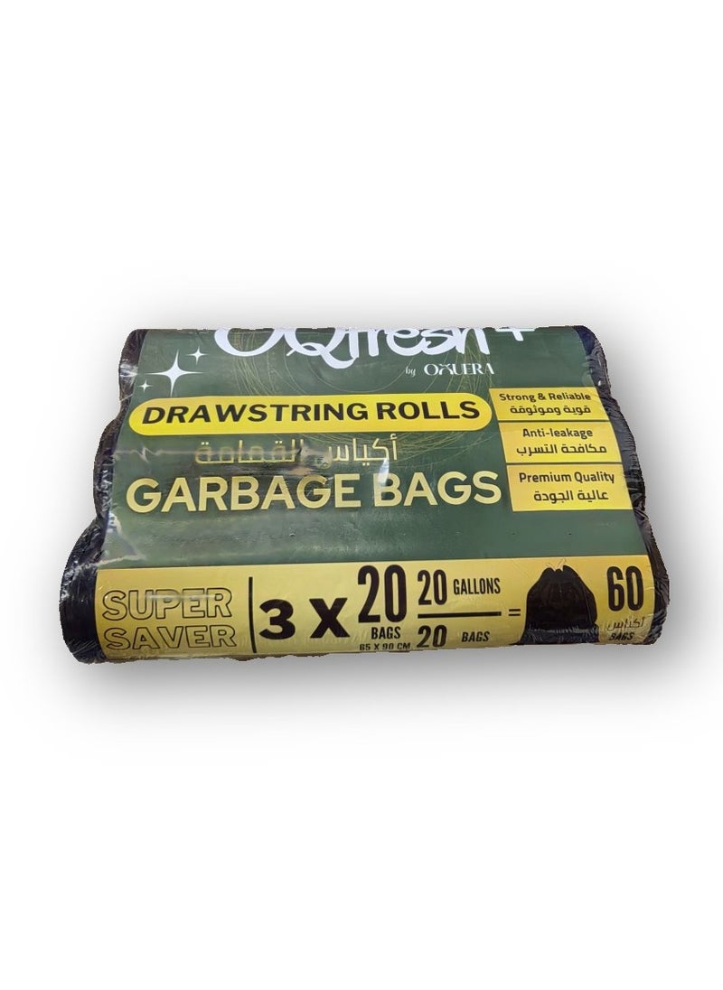 OqFresh+ 3 Packs of 60-Piece Drawstring Garbage Bags - 20 Gallon Black Trash Bags, High-Quality Waste Bags with Special Drawstring for Secure Closure  - Image 5