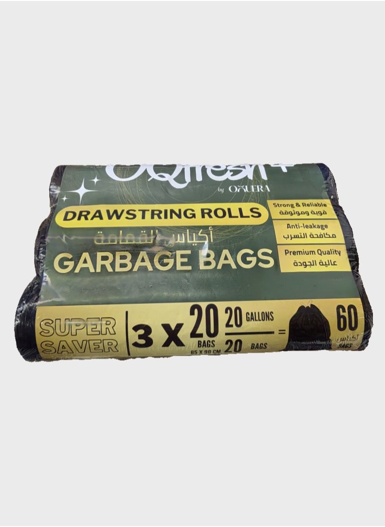 3 Packs of 60-Piece Drawstring Garbage Bags - 20 Gallon Black Trash Bags, High-Quality Waste Bags with Special Drawstring for Secure Closure