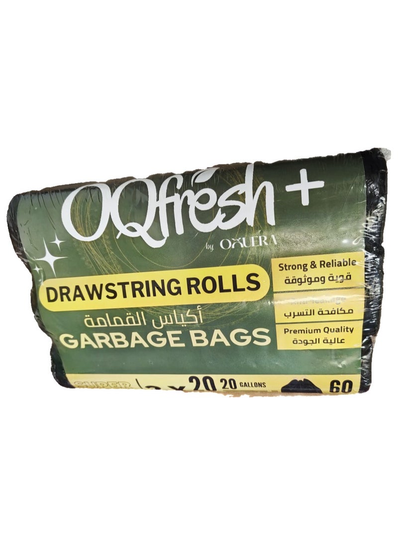 3 Packs of 60-Piece Drawstring Garbage Bags - 20 Gallon Black Trash Bags, High-Quality Waste Bags with Special Drawstring for Secure Closure