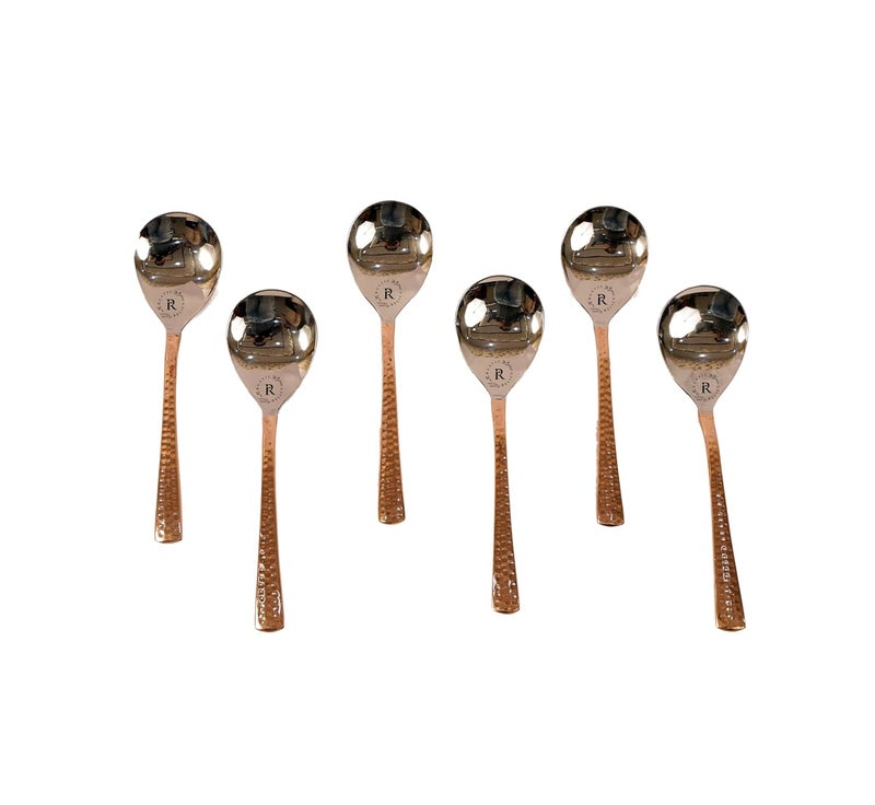 RUSTIC RELICS Rustic Relics Copper Made Serving Spoon Set Pack of 6 Metal Kitchen Dining and Cutlery Steel and Copper Metalic Finish A Touch of Elegance to Your Dining and Serving - Image 1