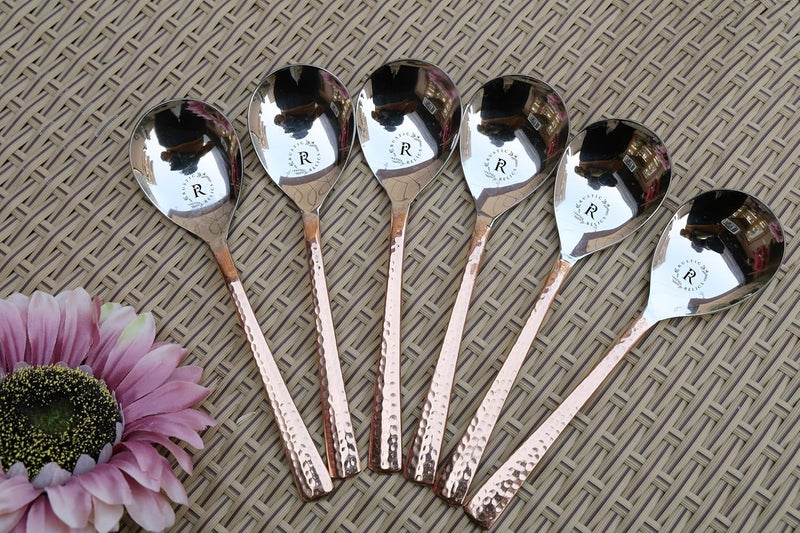 RUSTIC RELICS Rustic Relics Copper Made Serving Spoon Set Pack of 6 Metal Kitchen Dining and Cutlery Steel and Copper Metalic Finish A Touch of Elegance to Your Dining and Serving - Image 2