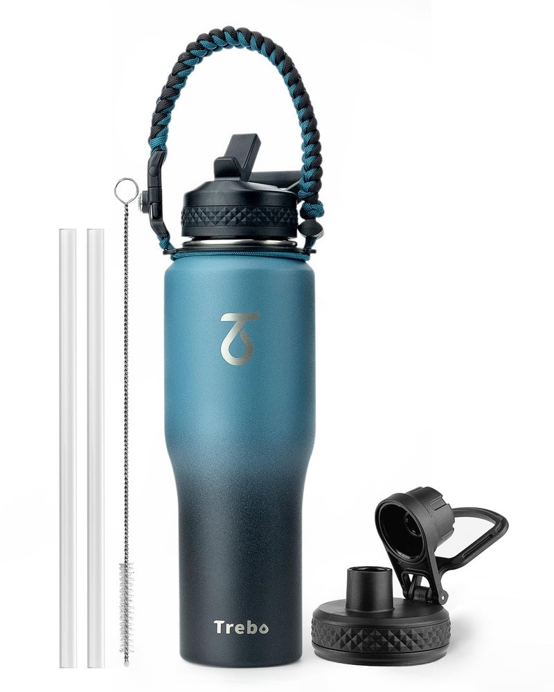 Trebo 32oz Insulated Water Bottle that Fits in Cup Holder Stainless Steel Double Wall Tumbler Flask Bottles with Paracord Handle with Straw Spout Lids Keep Cold for 48 HrsHot 24 HrsIndigoBlack