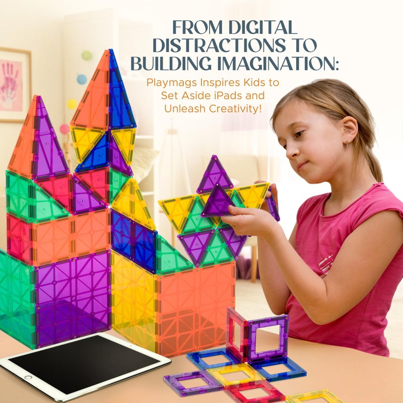 Playmags 150-Piece Magnetic Tiles Building Set – 3D Magnet Building Blocks, Creative Imagination, Inspirational, Educational STEM Toys for Kids with 1 Car - Image 5