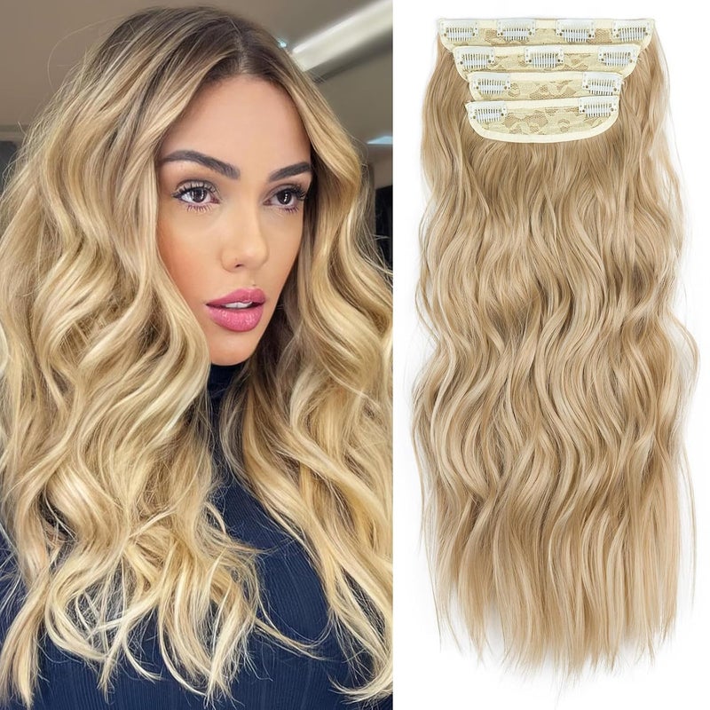 Clip in Hair Extensions 4PCS Soft Hair Extensions Honey Golden Brown Mixed Blonde Long Wavy Hairpieces for Women Honey Golden Brown Mixed Blonde
