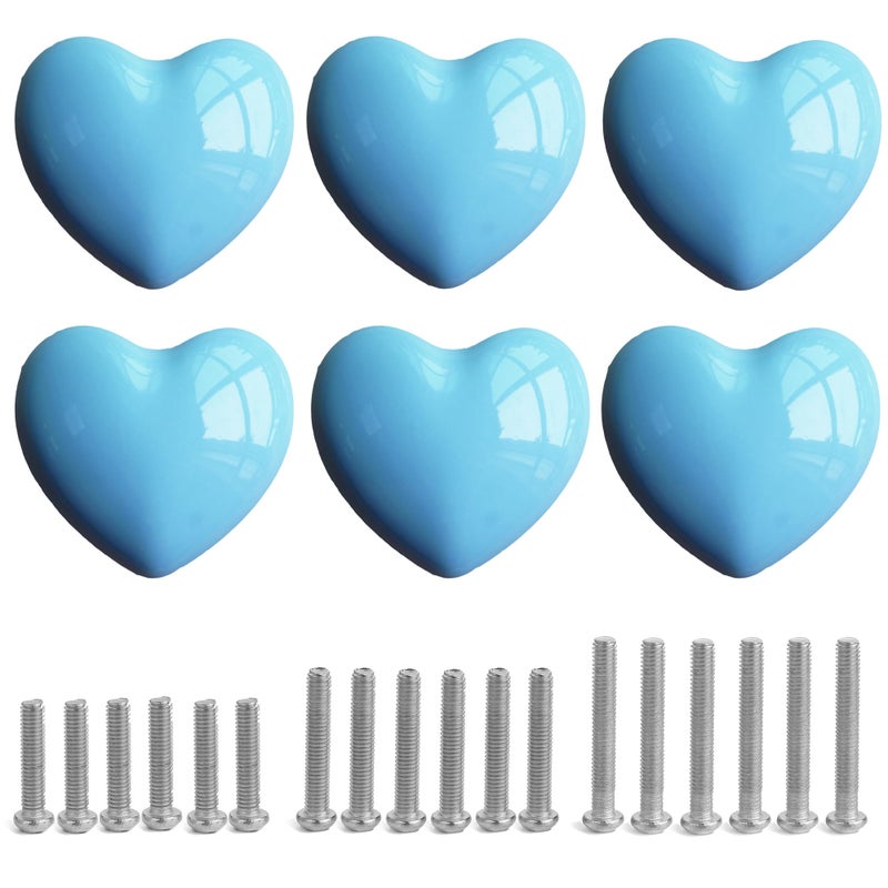 Perphin Ceramic Drawer Knobs Heart Shape Cabinet Dresser Pulls Handles with 3 Sized Screws Kitchen Furniture Knobs for Closet Cupboard Wardrobe 6 Pack Blue