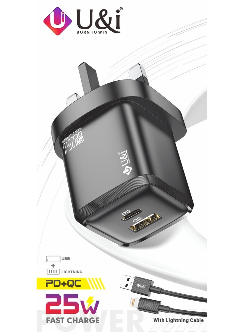 U&i 25W USB-C Fast Charger, PD+QC Wall Adapter with Lighting & Type-C Cable, Compatible with iPhone and Samsung Galaxy - Image 1