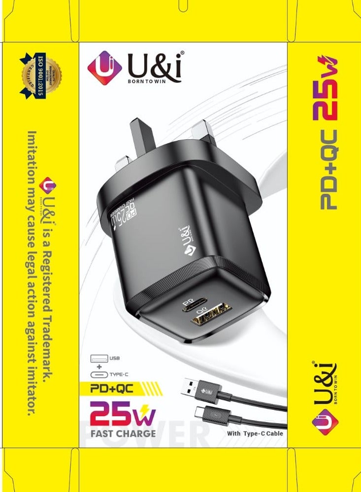 U&i 25W USB-C Fast Charger, PD+QC Wall Adapter with Lighting & Type-C Cable, Compatible with iPhone and Samsung Galaxy - Image 3