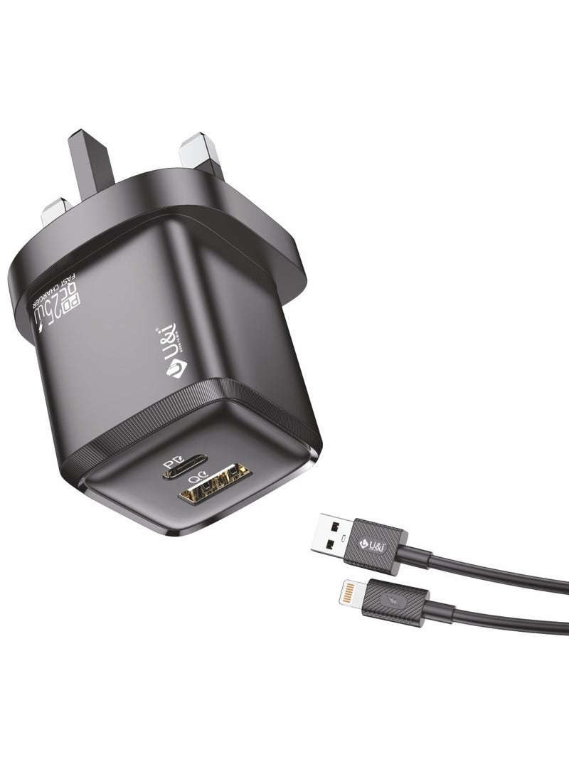 U&i 25W USB-C Fast Charger, PD+QC Wall Adapter with Lighting & Type-C Cable, Compatible with iPhone and Samsung Galaxy - Image 2