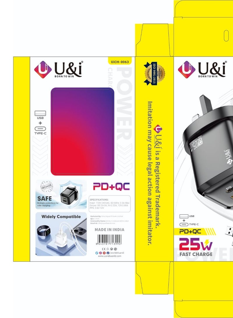 U&i 25W USB-C Fast Charger, PD+QC Wall Adapter with Lighting & Type-C Cable, Compatible with iPhone and Samsung Galaxy - Image 4