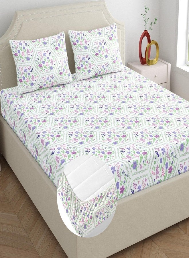 Dreamscape 100% Cotton King Fitted Bedsheet with 2 Pillow Covers - (Size 72 x 78 inches, 140 TC, Colour - Purple: Orchid Bloom) - Image 1