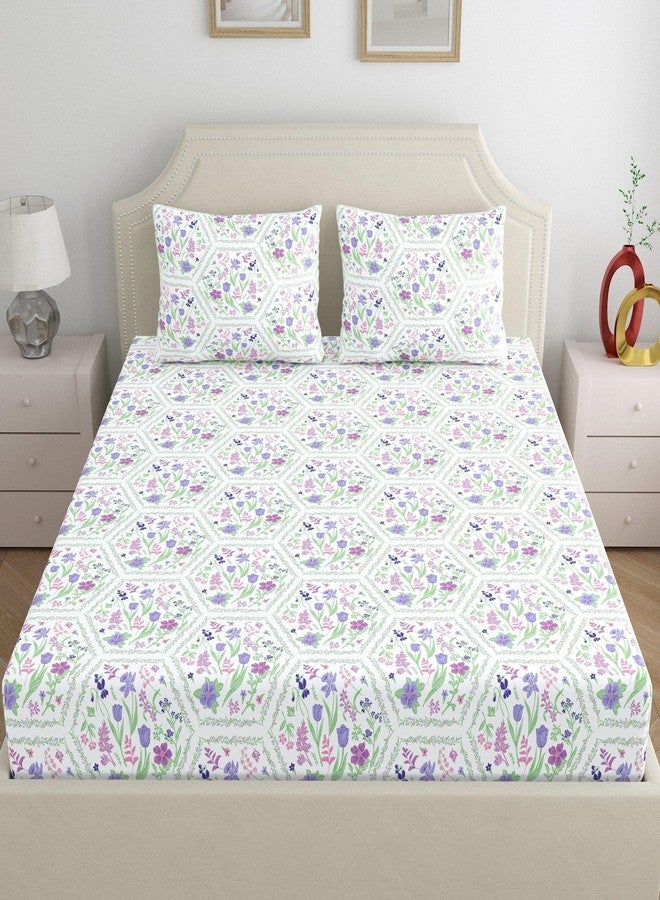 Dreamscape 100% Cotton King Fitted Bedsheet with 2 Pillow Covers - (Size 72 x 78 inches, 140 TC, Colour - Purple: Orchid Bloom) - Image 2