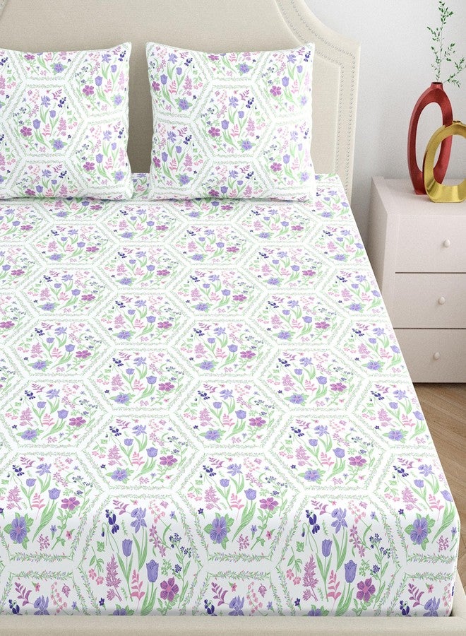 Dreamscape 100% Cotton King Fitted Bedsheet with 2 Pillow Covers - (Size 72 x 78 inches, 140 TC, Colour - Purple: Orchid Bloom) - Image 3