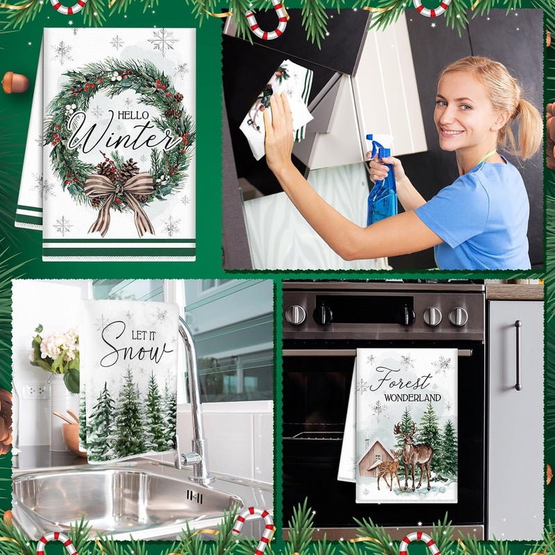 FuWeave 6 Pcs Christmas Kitchen Hand Towels Green Wonderland Animal Winter Dishtowel 21 x 14 Inch Decorative Absorbent Holiday Tea Towel Christmas Decor for Kitchen Farmhouse Gift - Image 2
