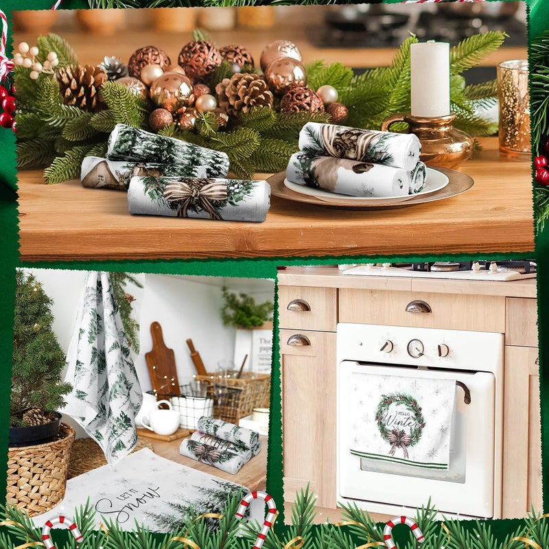 FuWeave 6 Pcs Christmas Kitchen Hand Towels Green Wonderland Animal Winter Dishtowel 21 x 14 Inch Decorative Absorbent Holiday Tea Towel Christmas Decor for Kitchen Farmhouse Gift - Image 5