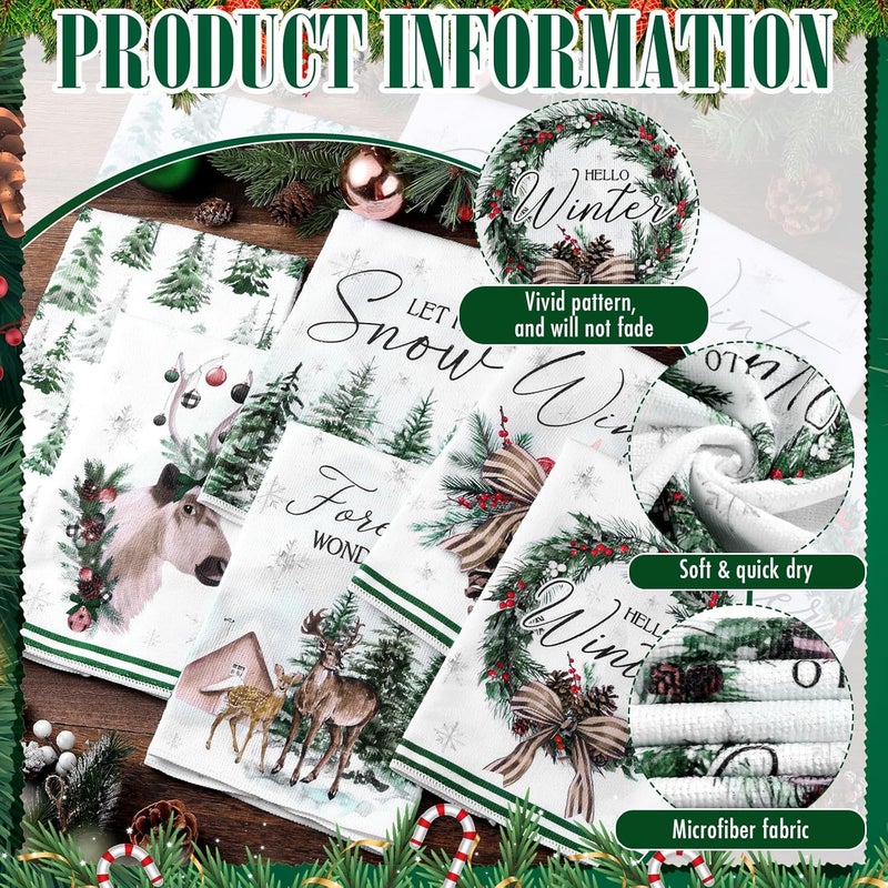 FuWeave 6 Pcs Christmas Kitchen Hand Towels Green Wonderland Animal Winter Dishtowel 21 x 14 Inch Decorative Absorbent Holiday Tea Towel Christmas Decor for Kitchen Farmhouse Gift - Image 4