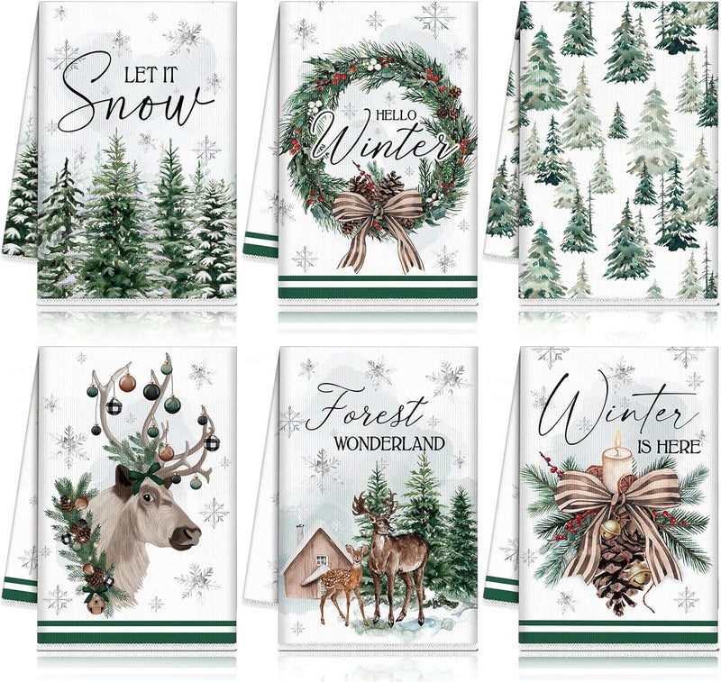 FuWeave 6 Pcs Christmas Kitchen Hand Towels Green Wonderland Animal Winter Dishtowel 21 x 14 Inch Decorative Absorbent Holiday Tea Towel Christmas Decor for Kitchen Farmhouse Gift - Image 1