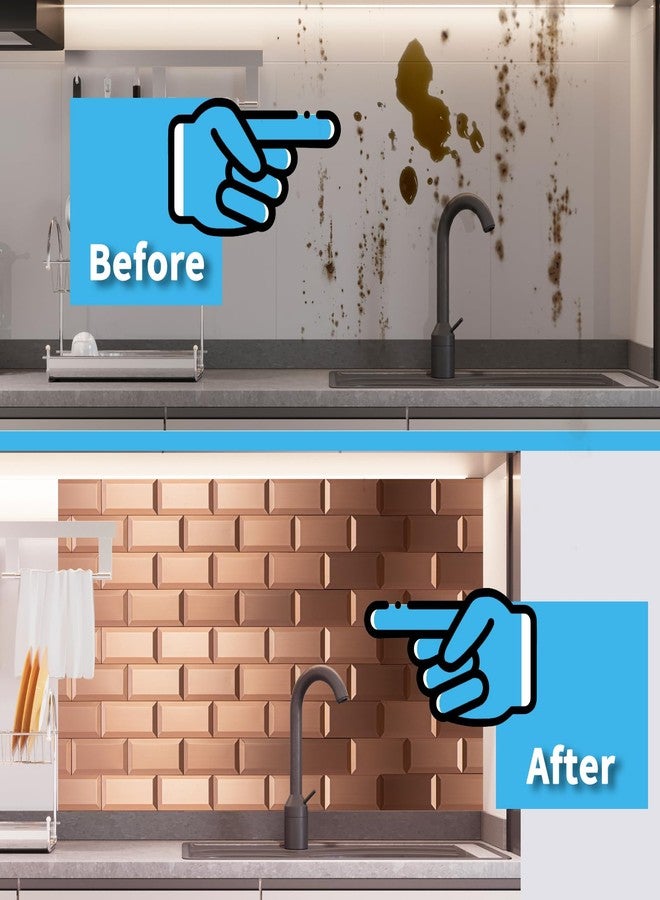 Art3d 100 Pcs Peel and Stick Backsplash Tiles, 3D Textured Metal Stick On Subway Wall Tiles for Kitchen Back Splashes, Bathroom, Laundry Room, 3 x 6 Inch, Copper - Image 2