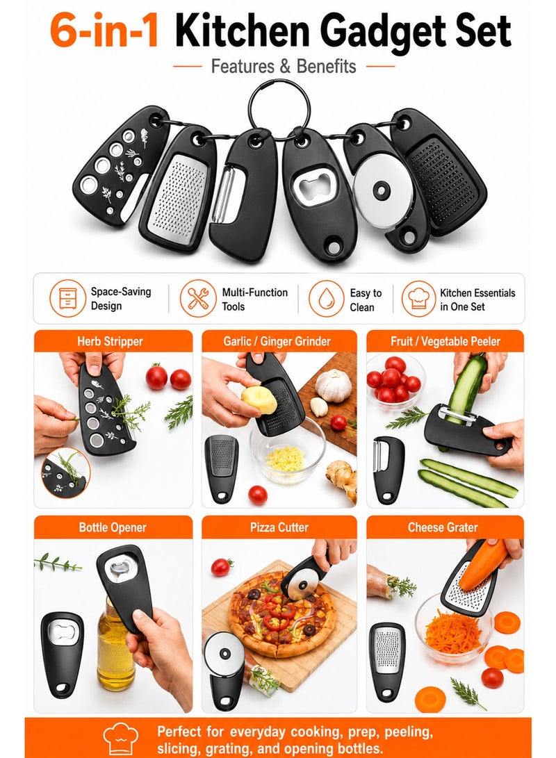 6 in 1 Portable Kitchen Gadgets Set – Cheese Grater, Bottle Opener, Vegetable Peeler, Pizza Cutter, Garlic Grinder & Herb Stripper for Kitchen & Camping - Image 2