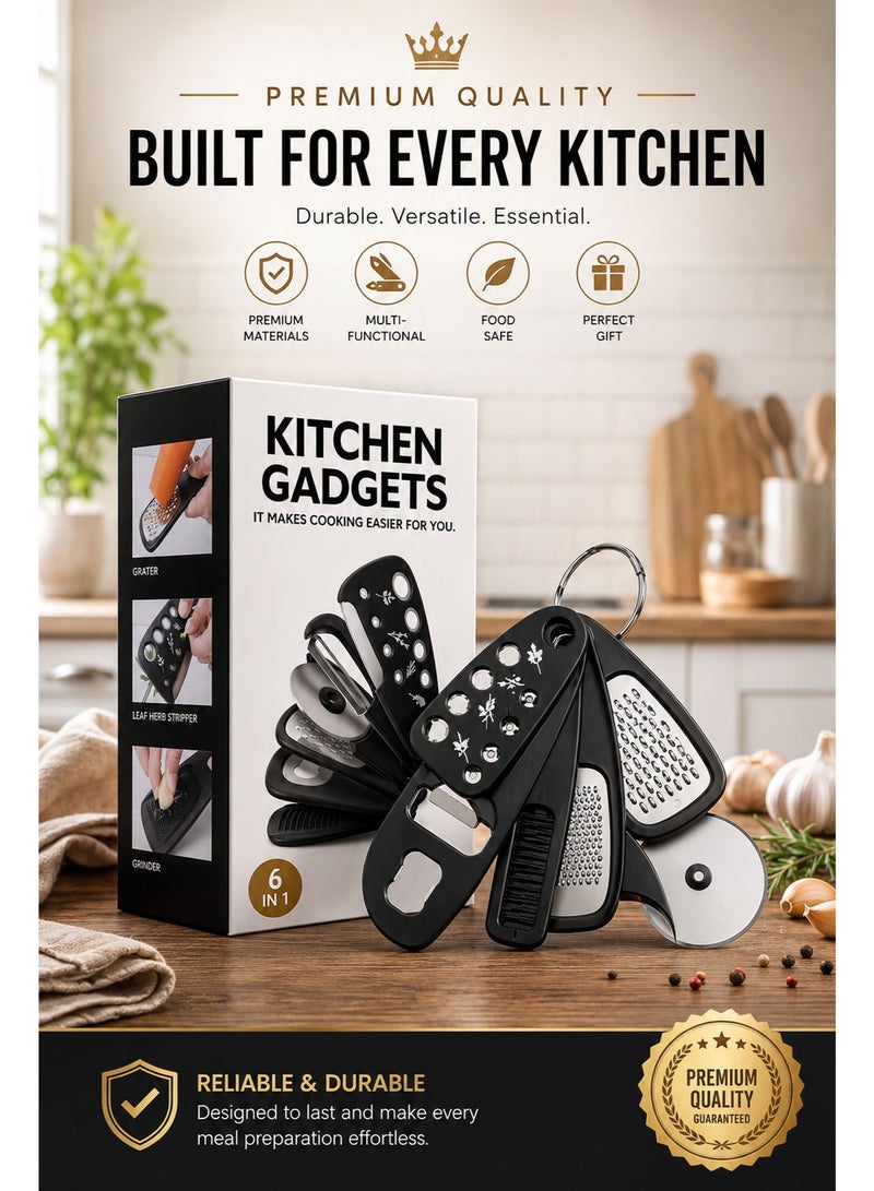 6 in 1 Portable Kitchen Gadgets Set – Cheese Grater, Bottle Opener, Vegetable Peeler, Pizza Cutter, Garlic Grinder & Herb Stripper for Kitchen & Camping - Image 5