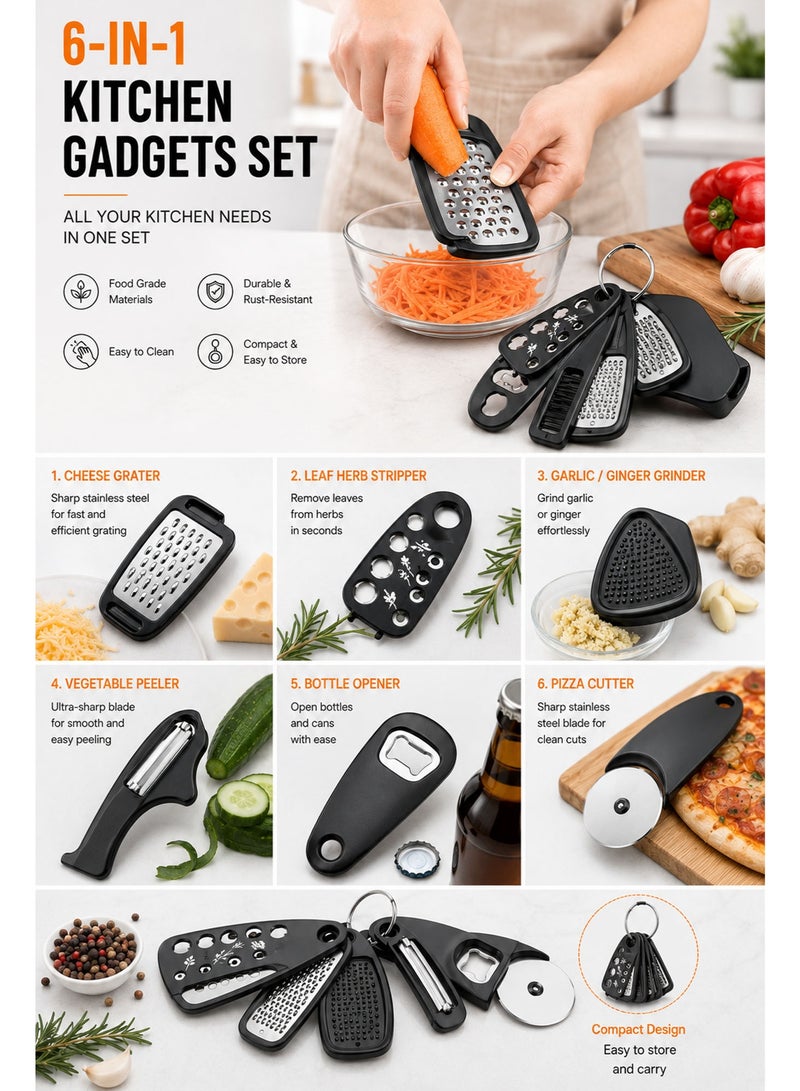 6 in 1 Portable Kitchen Gadgets Set – Cheese Grater, Bottle Opener, Vegetable Peeler, Pizza Cutter, Garlic Grinder & Herb Stripper for Kitchen & Camping - Image 4