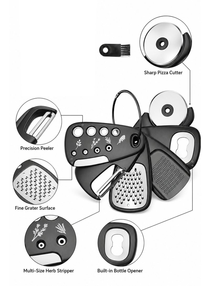 6 in 1 Portable Kitchen Gadgets Set – Cheese Grater, Bottle Opener, Vegetable Peeler, Pizza Cutter, Garlic Grinder & Herb Stripper for Kitchen & Camping - Image 3