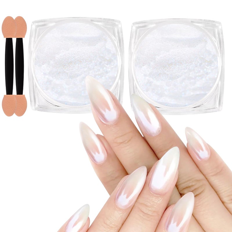 Allstarry White Pearl Chrome Nail Powder 2pcs Iridescent Aurora Powder Metallic Mirror Effect Glitter Powder Pearlescent Ice Transparent Mermaid Pigment Dust for Gel Polish Nail Art Decoration