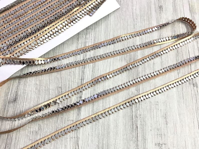 Anida Golden Fabric Trim with Real Mirrors, Embroidered Saree Border-Silk Sari Fabric-Dupatta Silk Ribbon-Indian Table Runner-Lehenga 9meter (Gold) - Image 1
