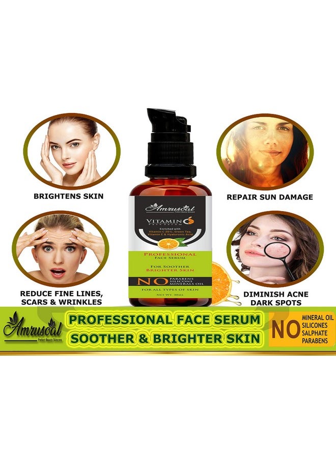 AMRUSOAL - Vitamin C Face Serum For Face Pigmentation, Whitening, Radiant Skin, Anti Acne & Anti Aging Serum | Soother & Brighten Skin | Collagen Booster | Wrinkle Reducer | Fairness - 30 Ml - Image 1
