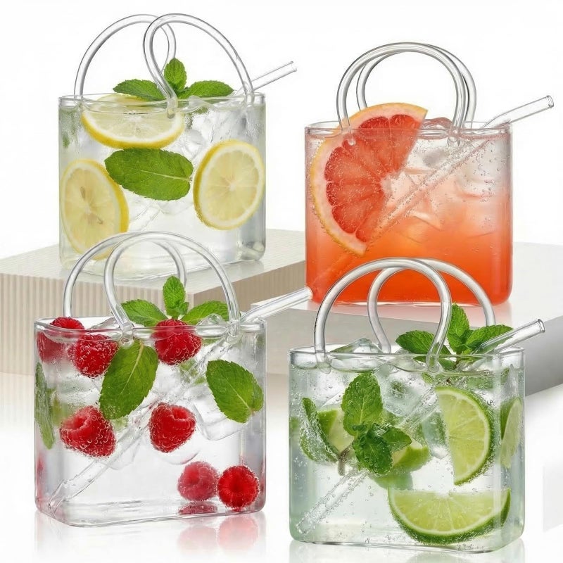USEEKRIL Glass Purse for Drinks Set of 4,26oz Unique Wine Glasses Purse Gifts for Women Party,Fish Bowl Vase,Creative Cute Drinking Glass Cups for Fruit Juice,Tea,Flowers(with Cup Brush) - Image 1