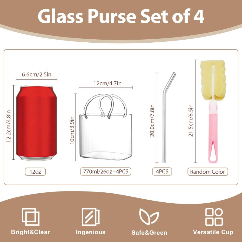 USEEKRIL Glass Purse for Drinks Set of 4,26oz Unique Wine Glasses Purse Gifts for Women Party,Fish Bowl Vase,Creative Cute Drinking Glass Cups for Fruit Juice,Tea,Flowers(with Cup Brush) - Image 5