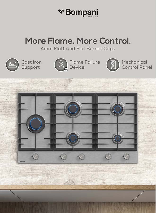 بومباني موقد مدمج 90 سم - 5 شعلات غاز من النوع الأوروبي، شعلات Sabaf، هيكل من الفولاذ المقاوم للصدأ - ضمان لمدة عام من الشركة المصنعة - - Image 5