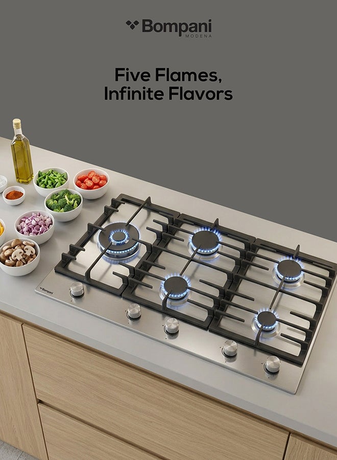 بومباني موقد مدمج 90 سم - 5 شعلات غاز من النوع الأوروبي، شعلات Sabaf، هيكل من الفولاذ المقاوم للصدأ - ضمان لمدة عام من الشركة المصنعة - - Image 4